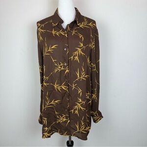 Neiman Marcus Women’s 100% Silk Button Down Blouse Brown Bamboo Print Size 14